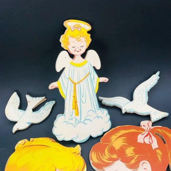 50s Dolly Toy Co Praying Kids Pressed Cardboard Wall Hangings Set Vintage Kitsch - Picture 4 of 14